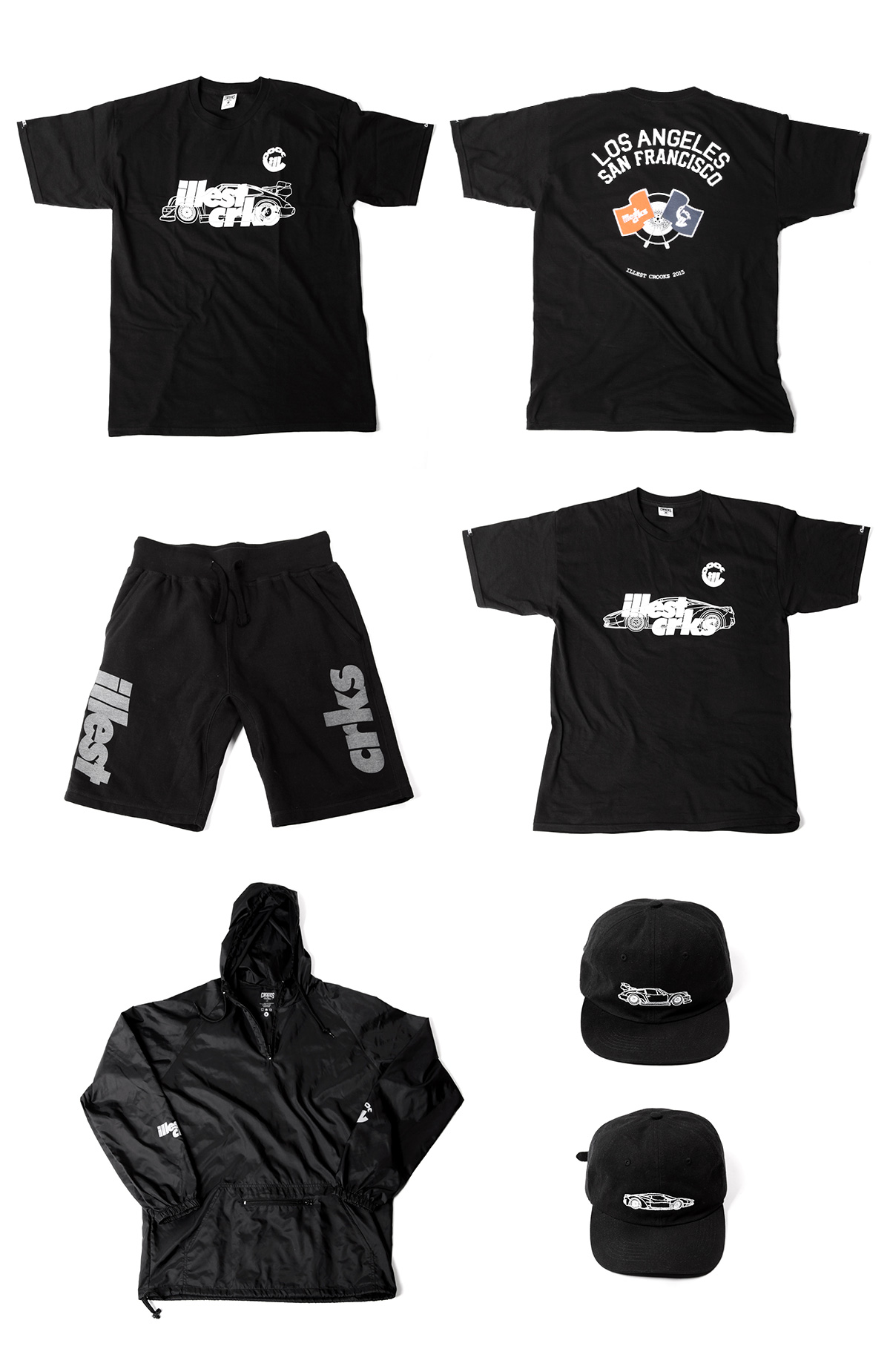 ILLEST CRKS Lineup: graphic tees, anorak, caps, and shorts 