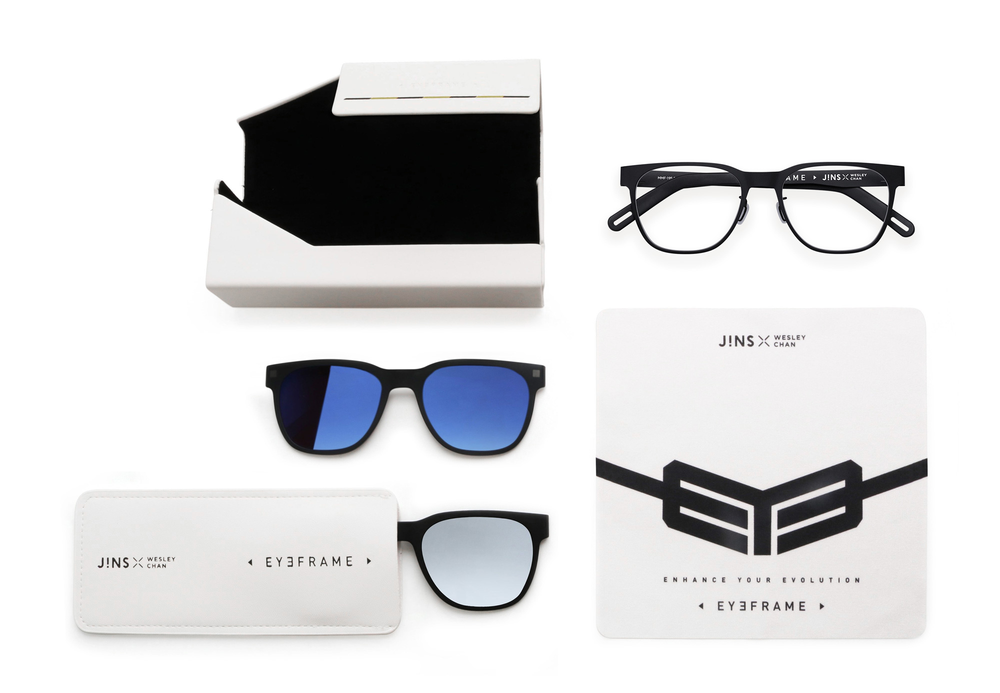EYEFRAME features a metal frame with a magnetic clip on sunglasses plate. The collection comes with 2 plates, 2 styles of cases, and a branded cleaning cloth